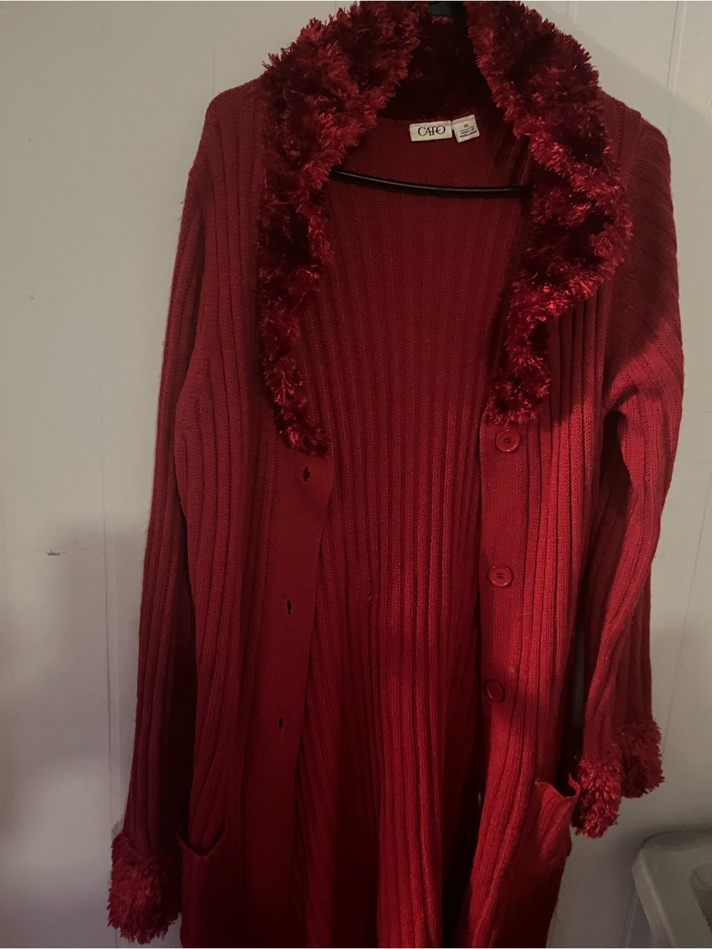 Cato Burgundy Ribbed Cardigan with Faux Fur Trim